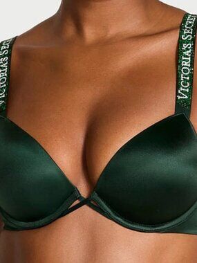 NWT Victorias Secret sz 38DDD Green Bombshell Rhinestone Logo Strap Pushup Bra